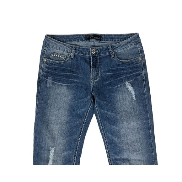 P&P Jeans 13/14 Junior's Blue Bedazzled Bling Rhinestone Pocket Straight Leg Y2K - Picture 3 of 6